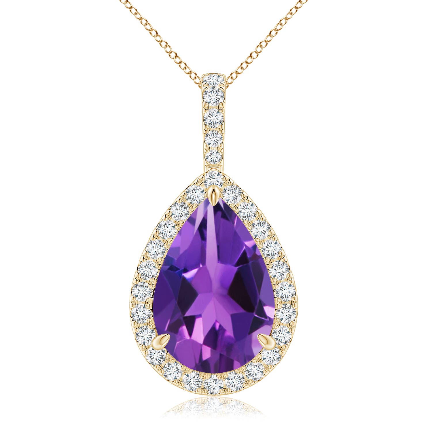 15x10mm AAAA Claw-Set Amethyst Teardrop Halo Pendant in Yellow Gold