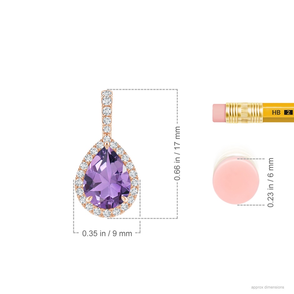 8x6mm A Claw-Set Amethyst Teardrop Halo Pendant in Rose Gold ruler