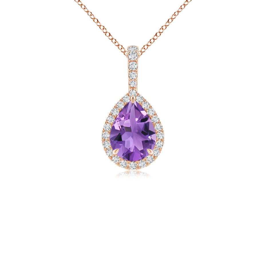 8x6mm AA Amethyst Teardrop Pendant with Diamond Halo in Rose Gold 