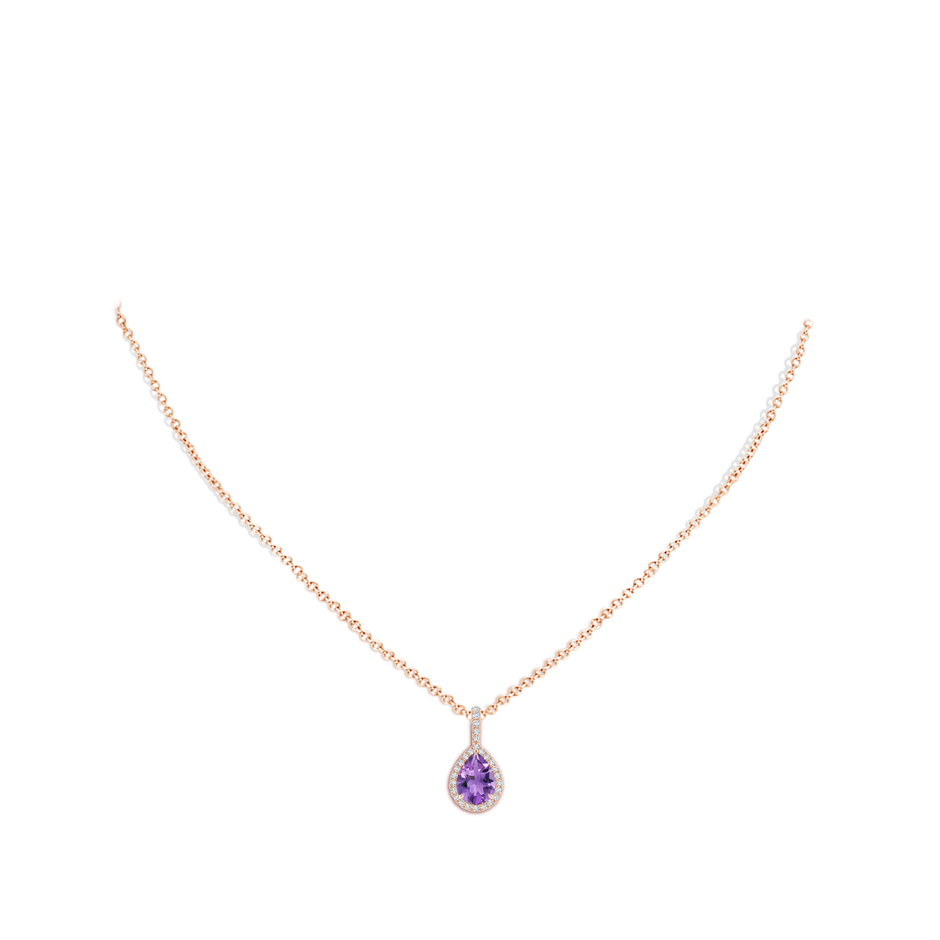 8x6mm AA Amethyst Teardrop Pendant with Diamond Halo in Rose Gold body-neck
