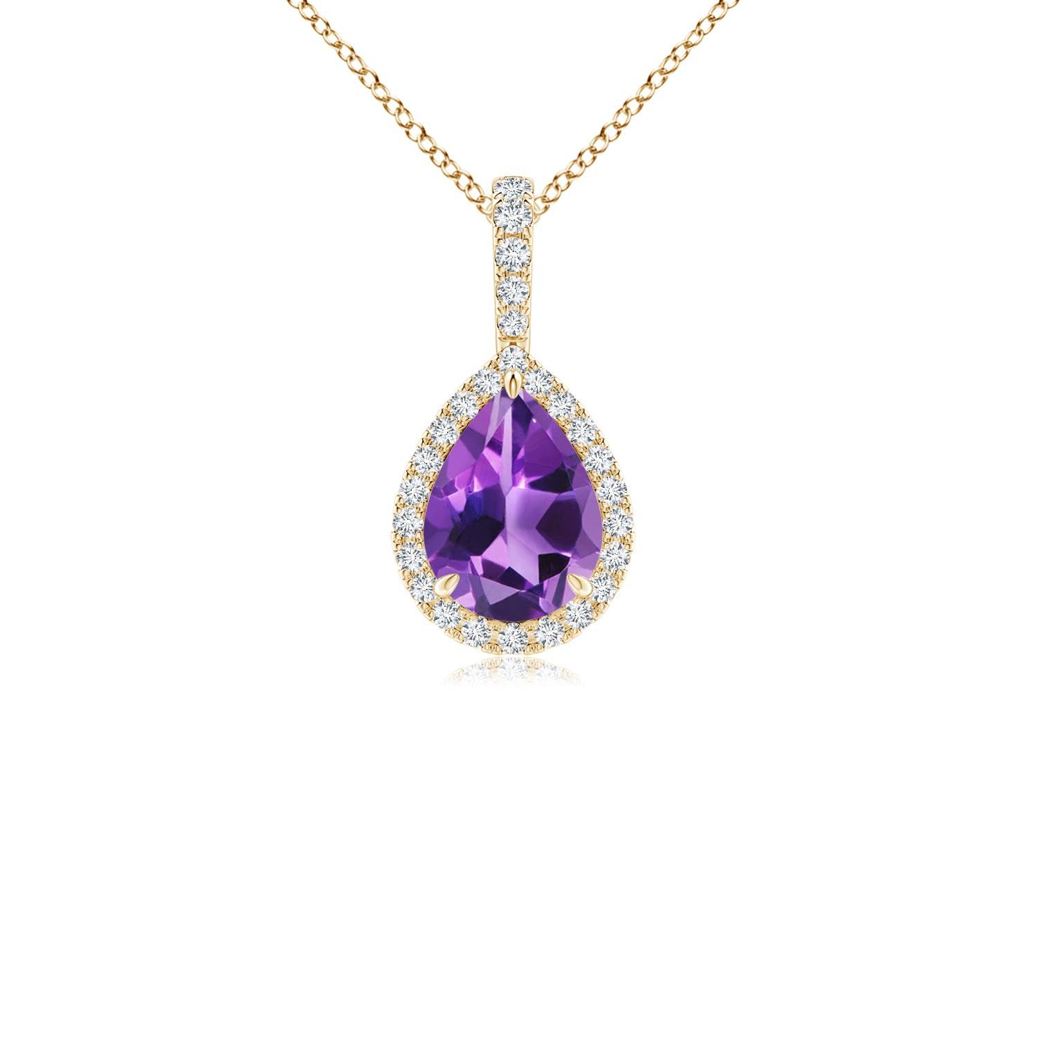 8x6mm AAA Claw-Set Amethyst Teardrop Halo Pendant in 18K Yellow Gold
