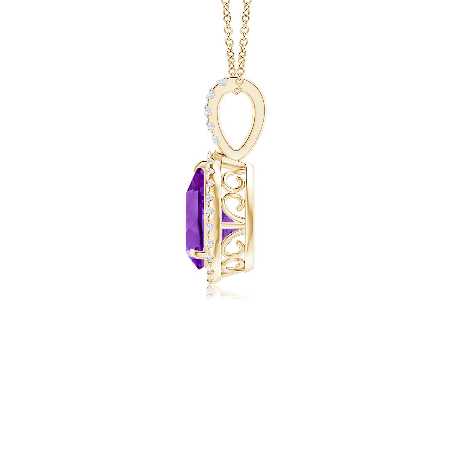 8x6mm AAA Claw-Set Amethyst Teardrop Halo Pendant in 18K Yellow Gold