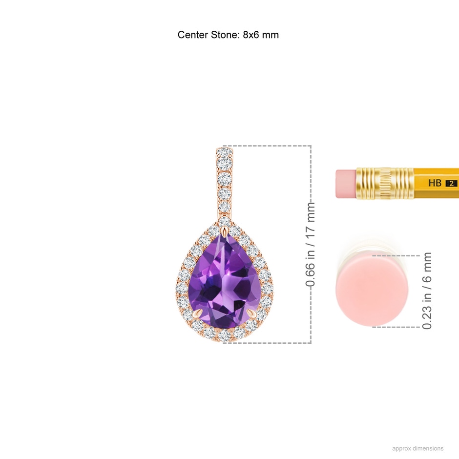8x6mm AAA Amethyst Teardrop Pendant with Diamond Halo in Rose Gold ruler