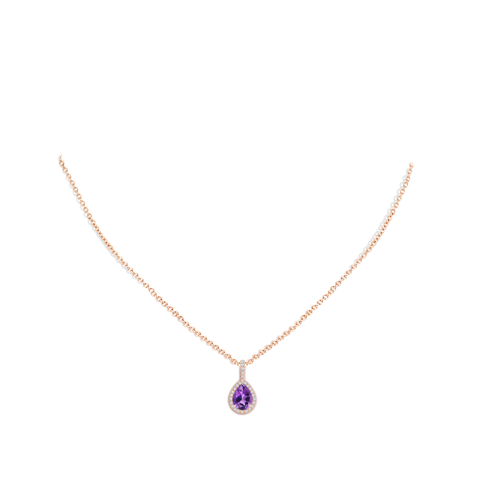 8x6mm AAA Amethyst Teardrop Pendant with Diamond Halo in Rose Gold body-neck