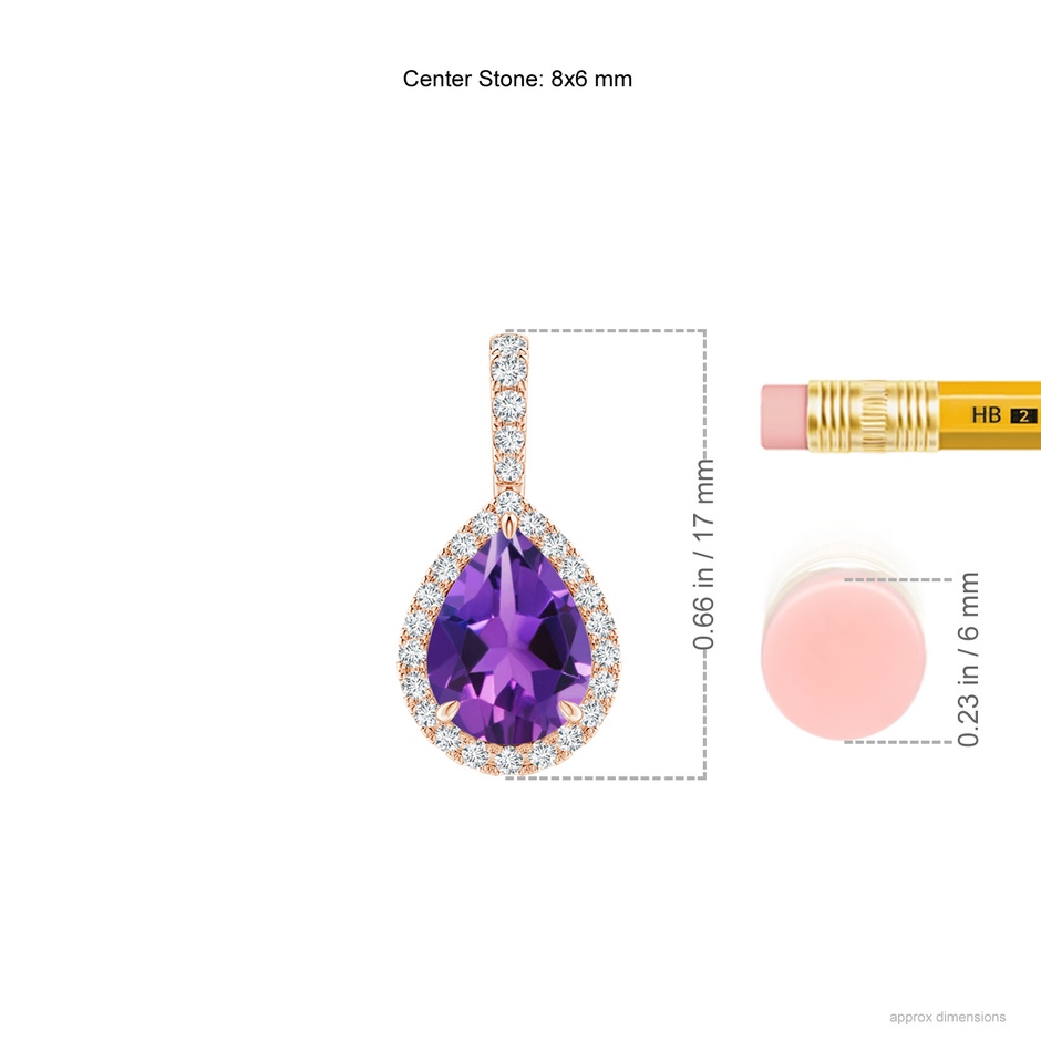 8x6mm AAAA Amethyst Teardrop Pendant with Diamond Halo in Rose Gold ruler