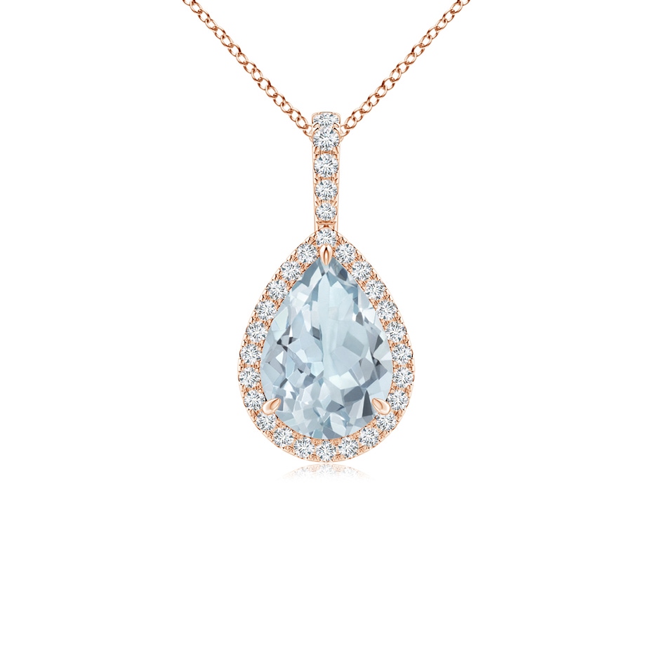 10x7mm A Aquamarine Teardrop Pendant with Diamond Halo in Rose Gold 