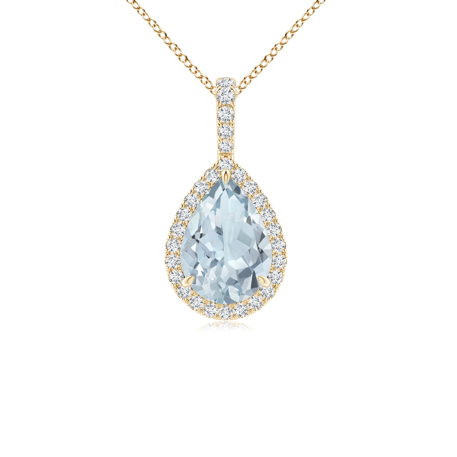 10x7mm A Aquamarine Teardrop Pendant with Diamond Halo in Yellow Gold 