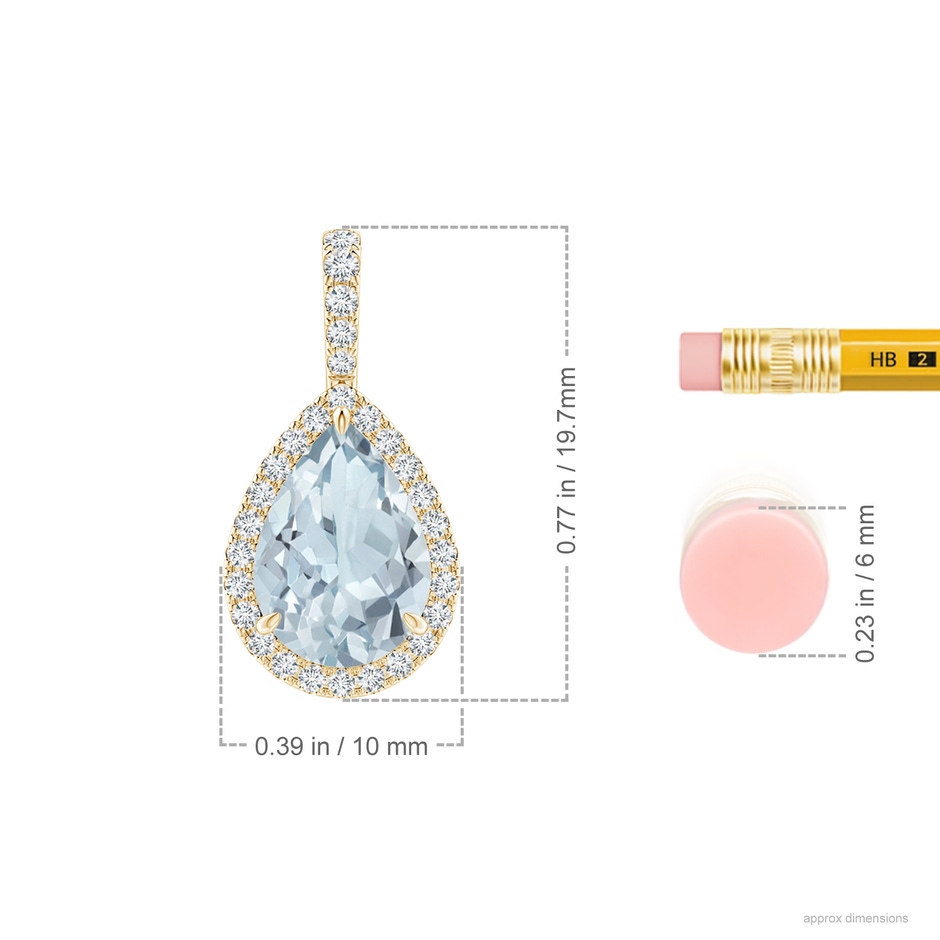 10x7mm A Aquamarine Teardrop Pendant with Diamond Halo in Yellow Gold ruler