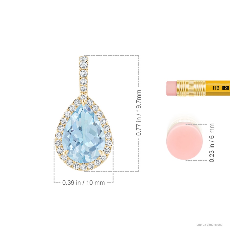 10x7mm AA Aquamarine Teardrop Pendant with Diamond Halo in Yellow Gold ruler