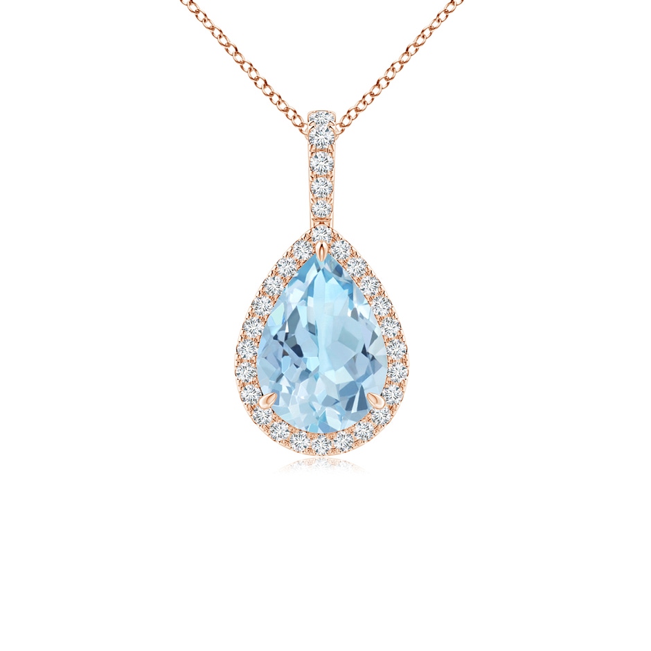10x7mm AAA Aquamarine Teardrop Pendant with Diamond Halo in Rose Gold 