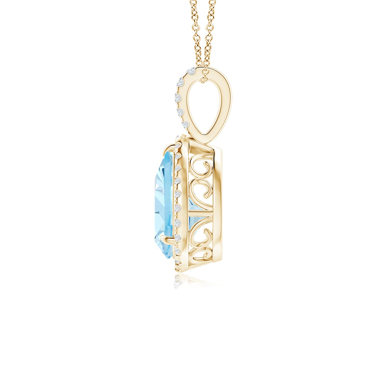 10x7mm AAA Aquamarine Teardrop Pendant with Diamond Halo in Yellow Gold - side 3