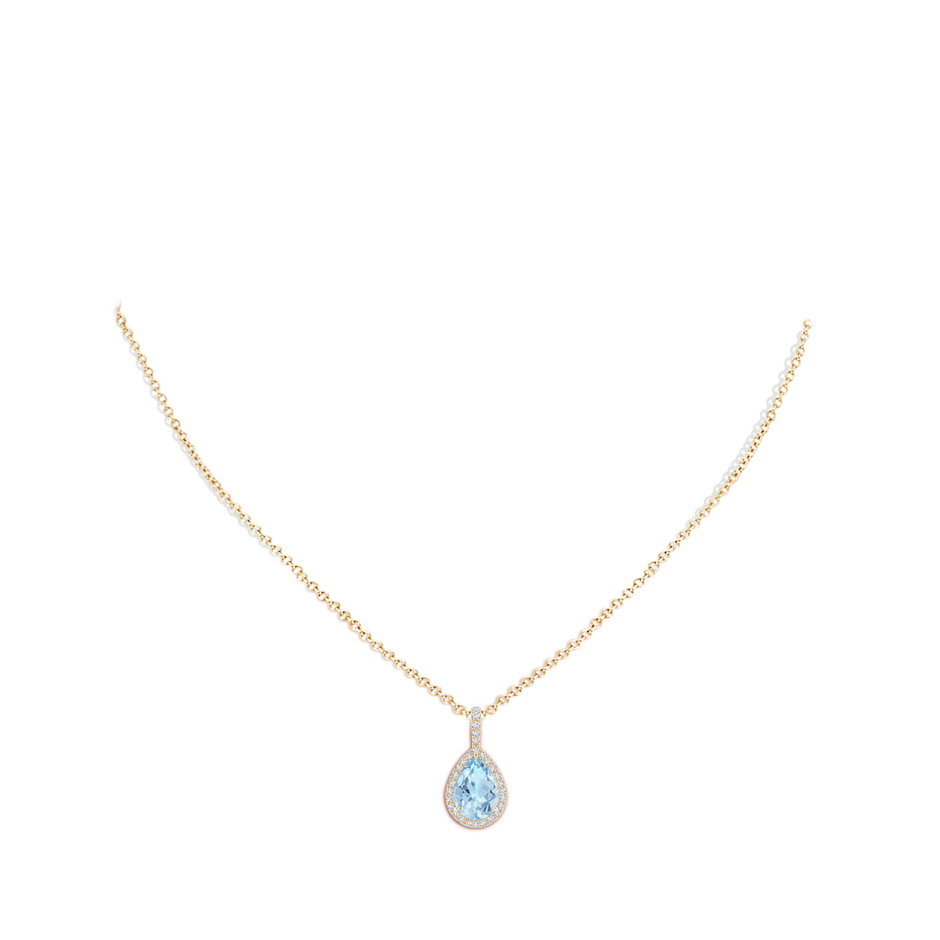 10x7mm AAA Aquamarine Teardrop Pendant with Diamond Halo in Yellow Gold body-neck