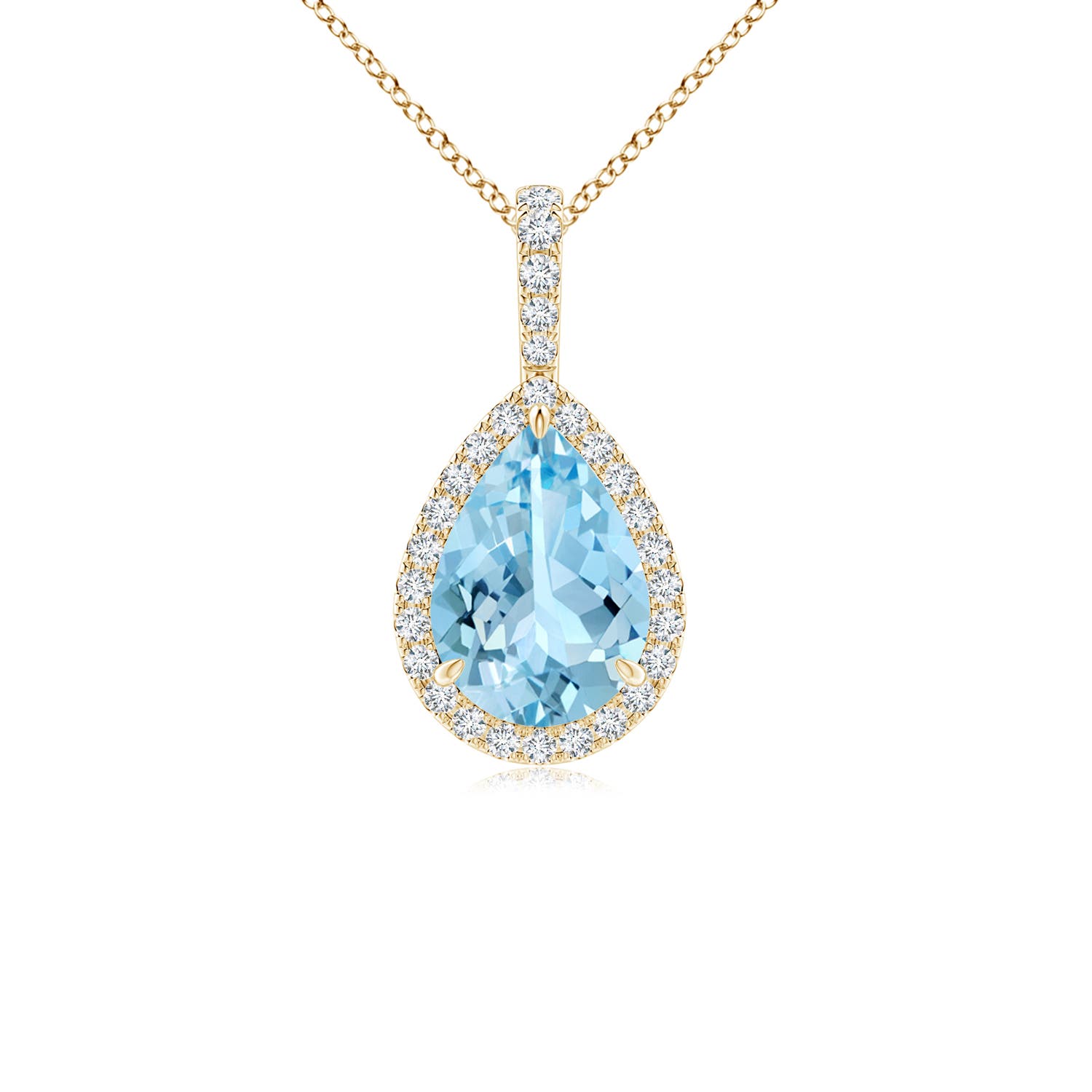 10x7mm AAAA Aquamarine Teardrop Pendant with Diamond Halo in 18K Yellow Gold