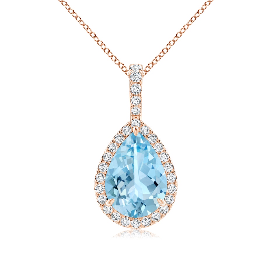 10x7mm AAAA Aquamarine Teardrop Pendant with Diamond Halo in Rose Gold 