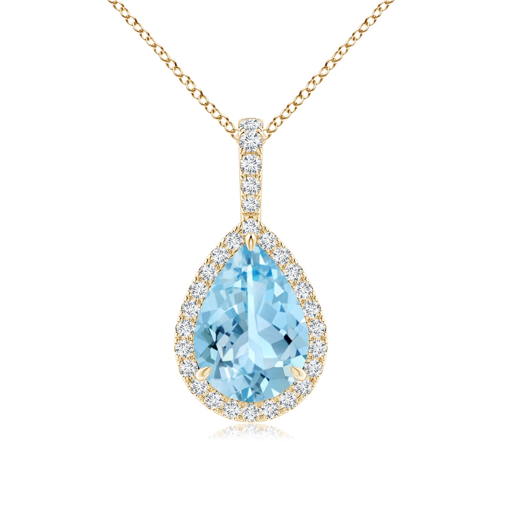 10x7mm AAAA Aquamarine Teardrop Pendant with Diamond Halo in Yellow Gold