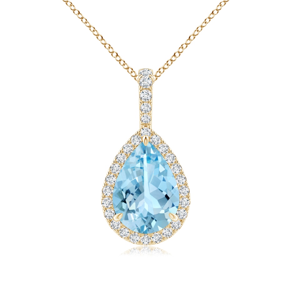 10x7mm AAAA Aquamarine Teardrop Pendant with Diamond Halo in Yellow Gold 