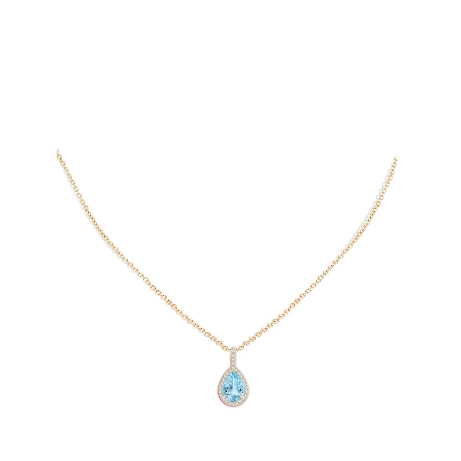 10x7mm AAAA Aquamarine Teardrop Pendant with Diamond Halo in Yellow Gold body-neck