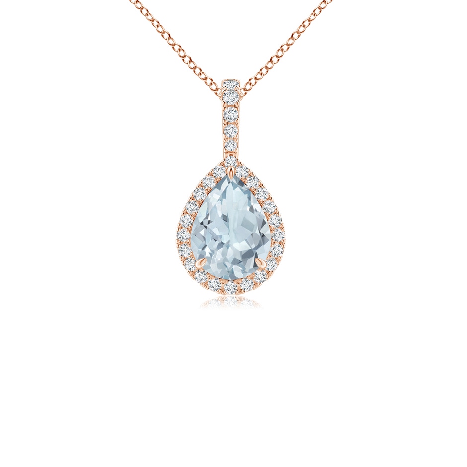 8x6mm A Aquamarine Teardrop Pendant with Diamond Halo in Rose Gold 
