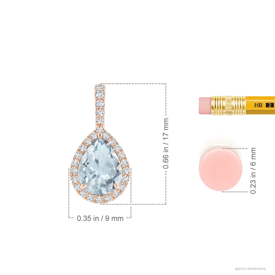 8x6mm A Aquamarine Teardrop Pendant with Diamond Halo in Rose Gold ruler