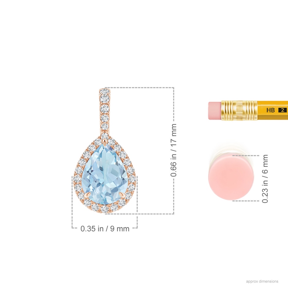 8x6mm AA Aquamarine Teardrop Pendant with Diamond Halo in Rose Gold ruler