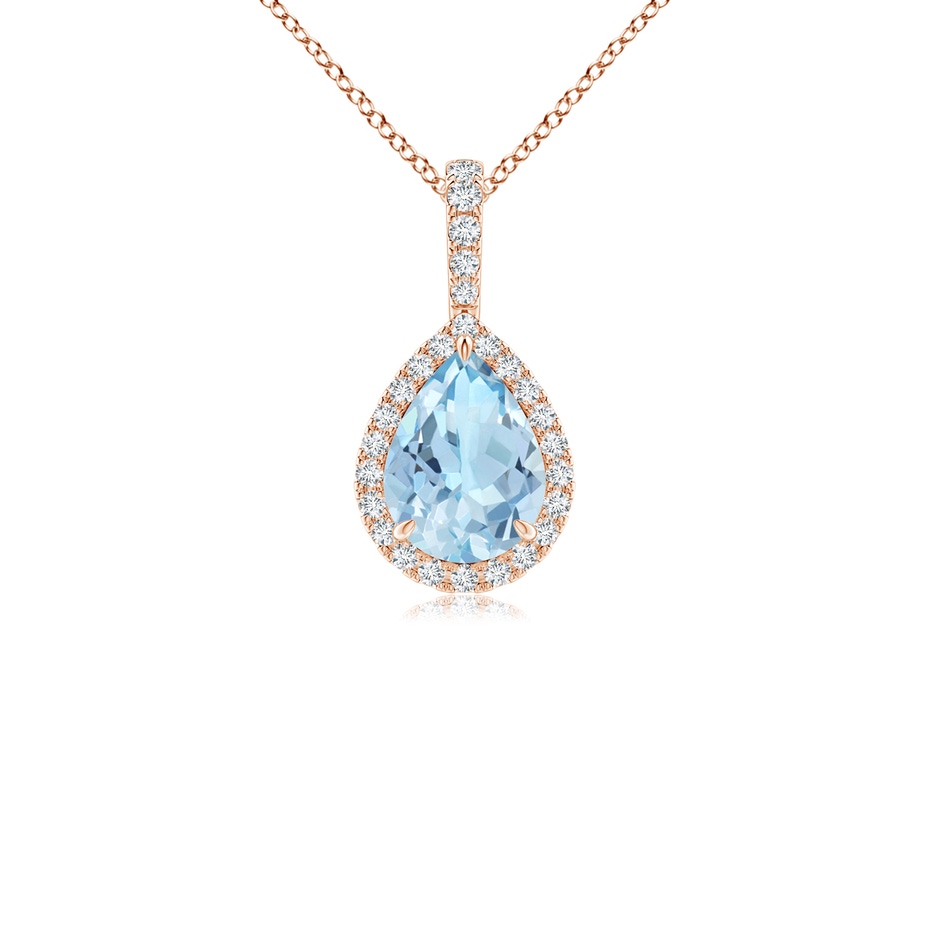 8x6mm AAA Aquamarine Teardrop Pendant with Diamond Halo in 9K Rose Gold 