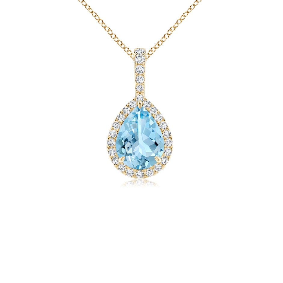 8x6mm AAAA Aquamarine Teardrop Pendant with Diamond Halo in Yellow Gold 