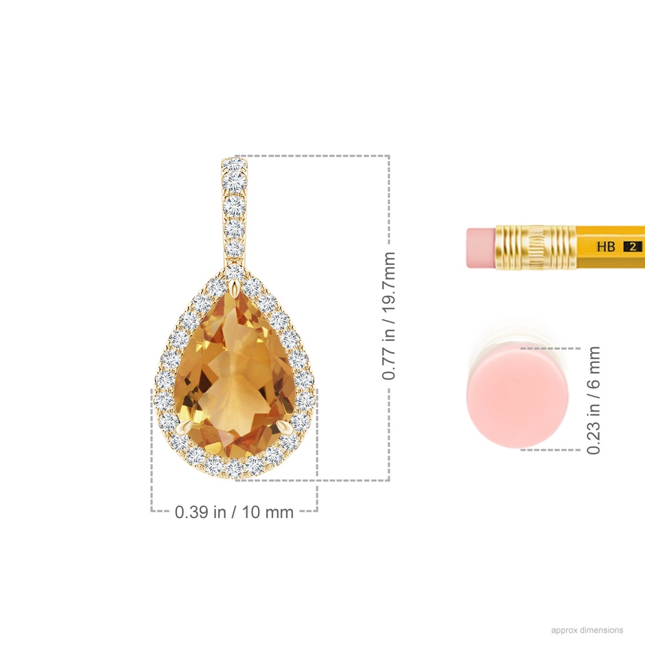 10x7mm A Claw-Set Citrine Teardrop Halo Pendant in Yellow Gold ruler