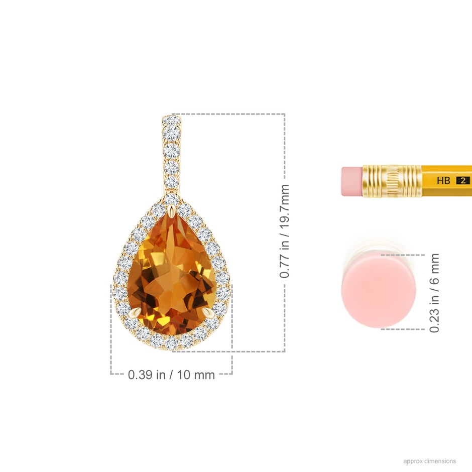 10x7mm AAA Claw-Set Citrine Teardrop Halo Pendant in Yellow Gold ruler
