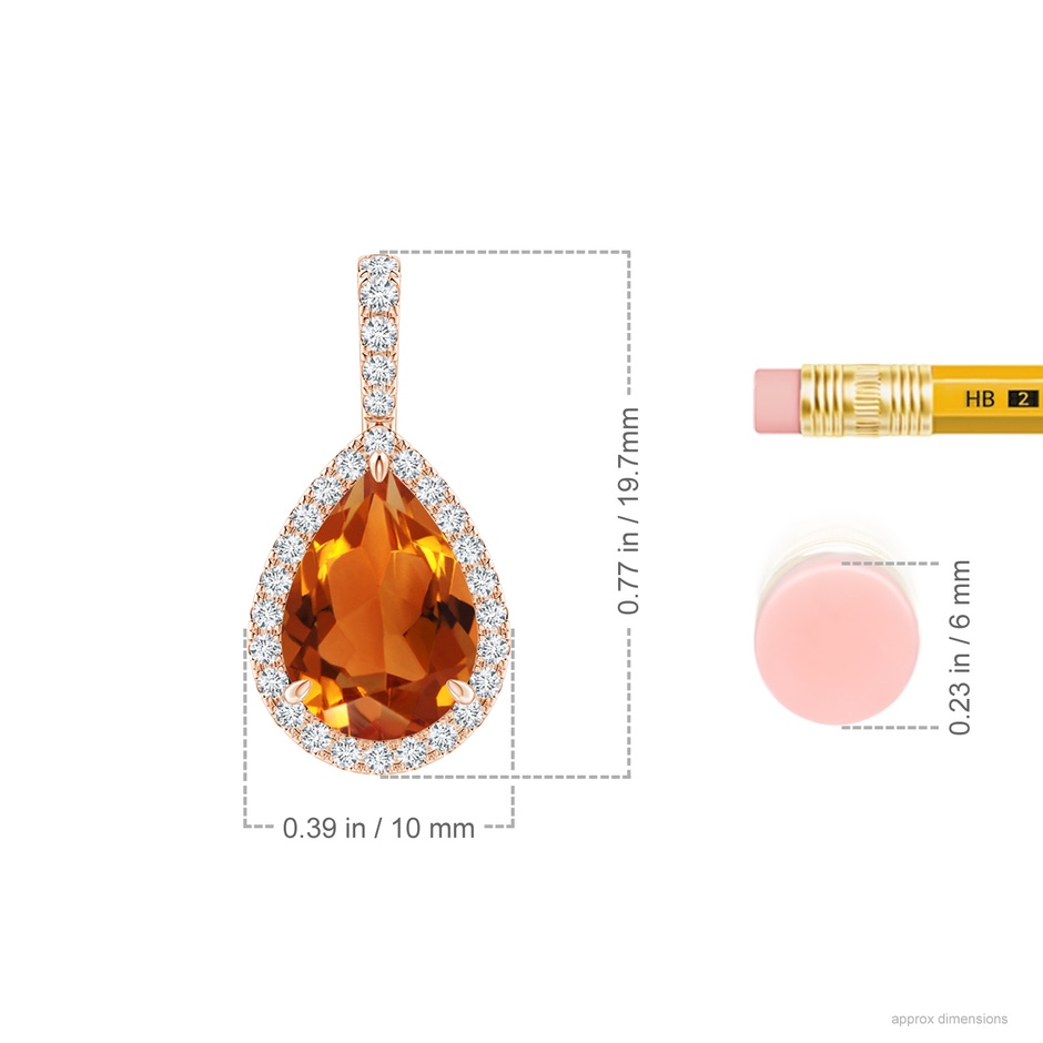 10x7mm AAAA Citrine Teardrop Pendant with Diamond Halo in Rose Gold ruler