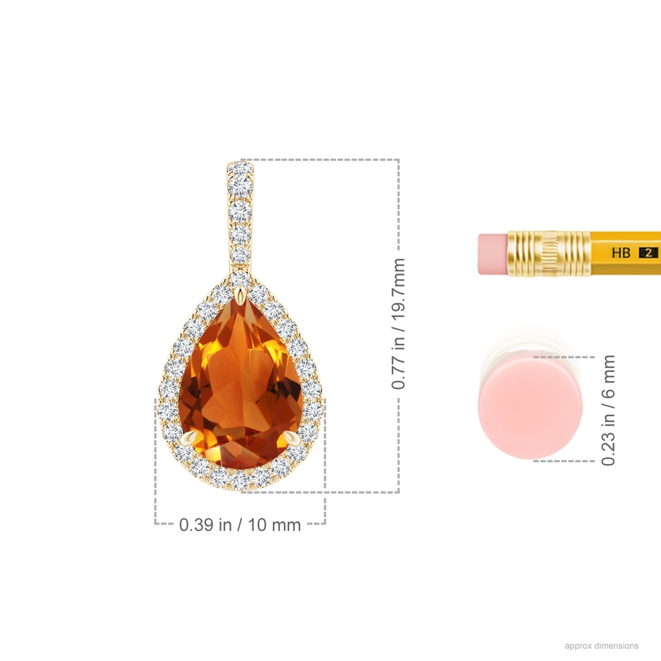 10x7mm AAAA Citrine Teardrop Pendant with Diamond Halo in Yellow Gold ruler