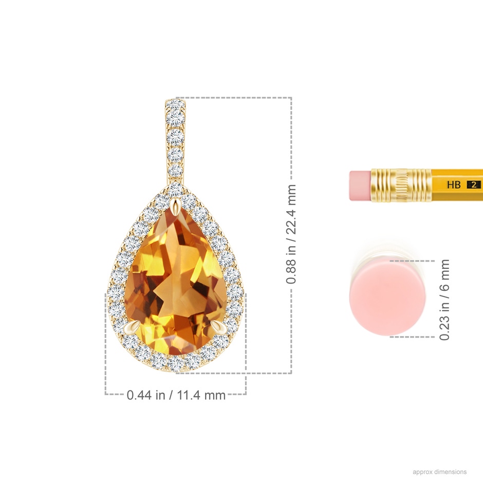 12x8mm AA Claw-Set Citrine Teardrop Halo Pendant in Yellow Gold ruler