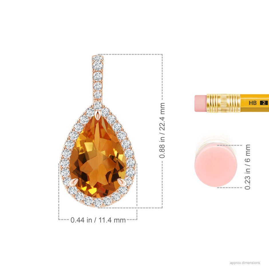 12x8mm AAA Citrine Teardrop Pendant with Diamond Halo in Rose Gold ruler
