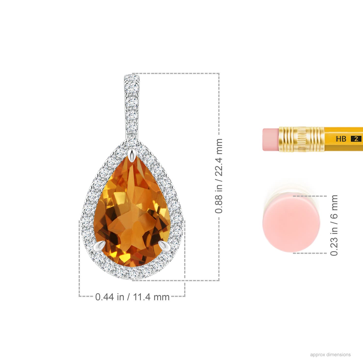 12x8mm AAA Claw-Set Citrine Teardrop Halo Pendant in White Gold - ruler