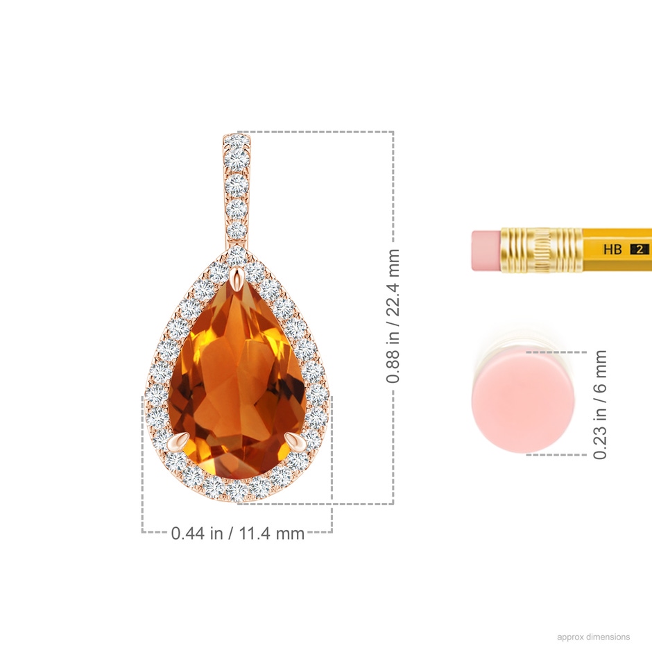 12x8mm AAAA Citrine Teardrop Pendant with Diamond Halo in 18K Rose Gold ruler