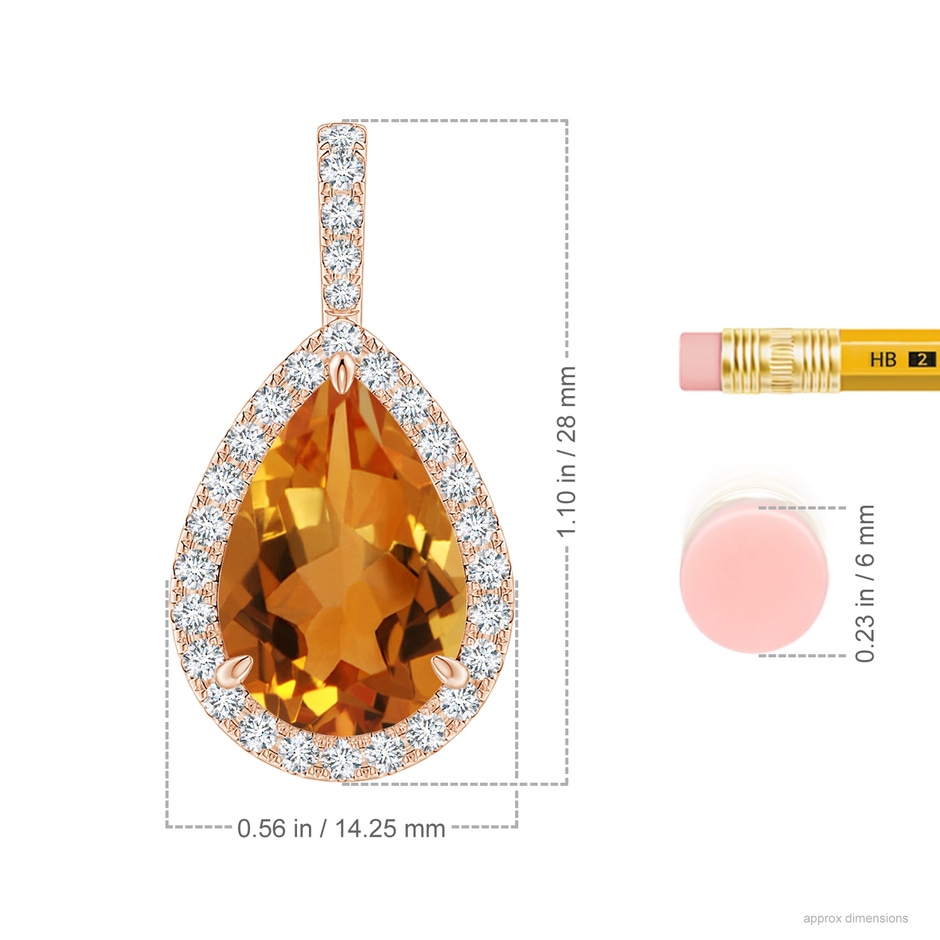 15x10mm AAA Claw-Set Citrine Teardrop Halo Pendant in Rose Gold ruler