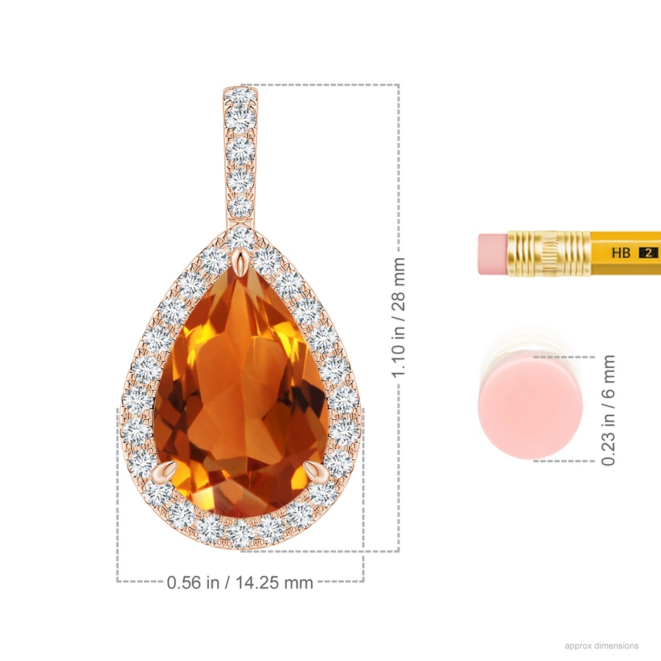 15x10mm AAAA Claw-Set Citrine Teardrop Halo Pendant in Rose Gold ruler