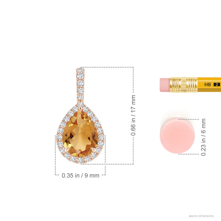 8x6mm A Citrine Teardrop Pendant with Diamond Halo in Rose Gold ruler