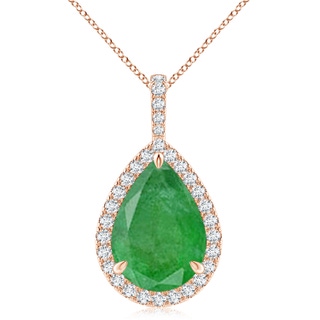 14x10mm A Emerald Teardrop Pendant with Diamond Halo in Rose Gold