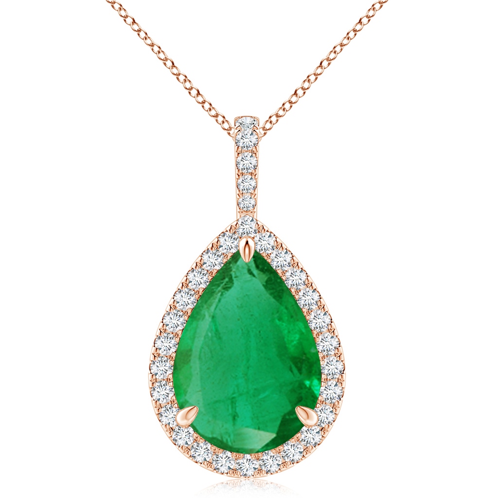 14x10mm AA Emerald Teardrop Pendant with Diamond Halo in Rose Gold