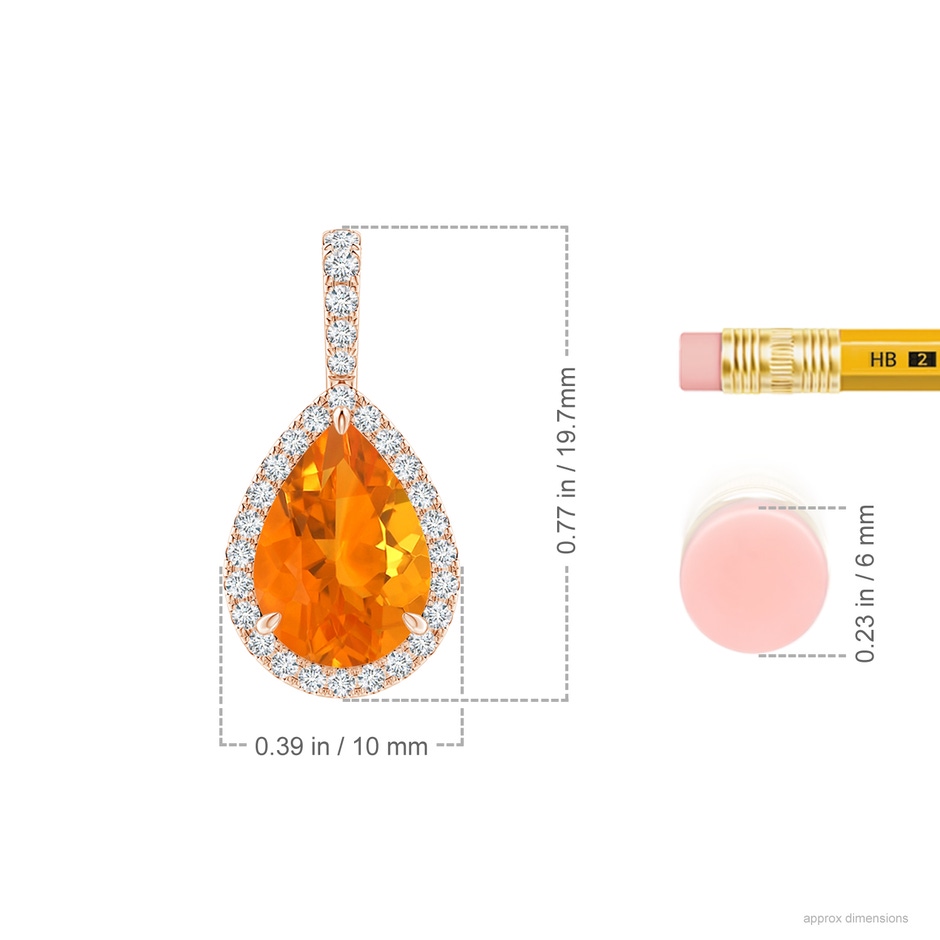 10x7mm AA Fire Opal Teardrop Pendant with Diamond Halo in Rose Gold ruler