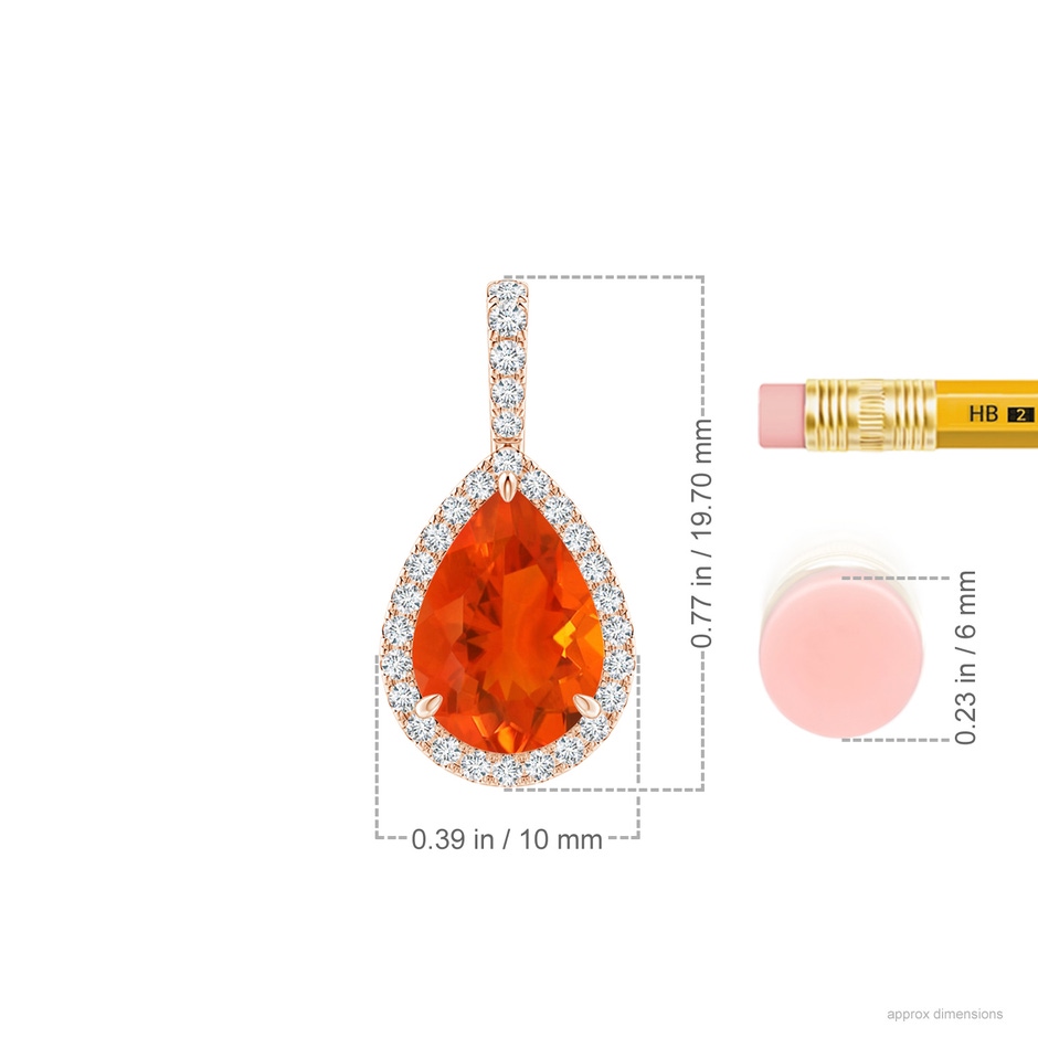 10x7mm AAA Fire Opal Teardrop Pendant with Diamond Halo in Rose Gold ruler