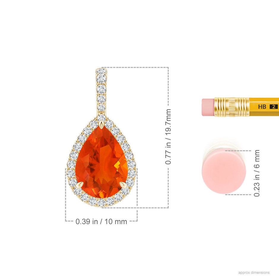 10x7mm AAA Fire Opal Teardrop Pendant with Diamond Halo in Yellow Gold ruler