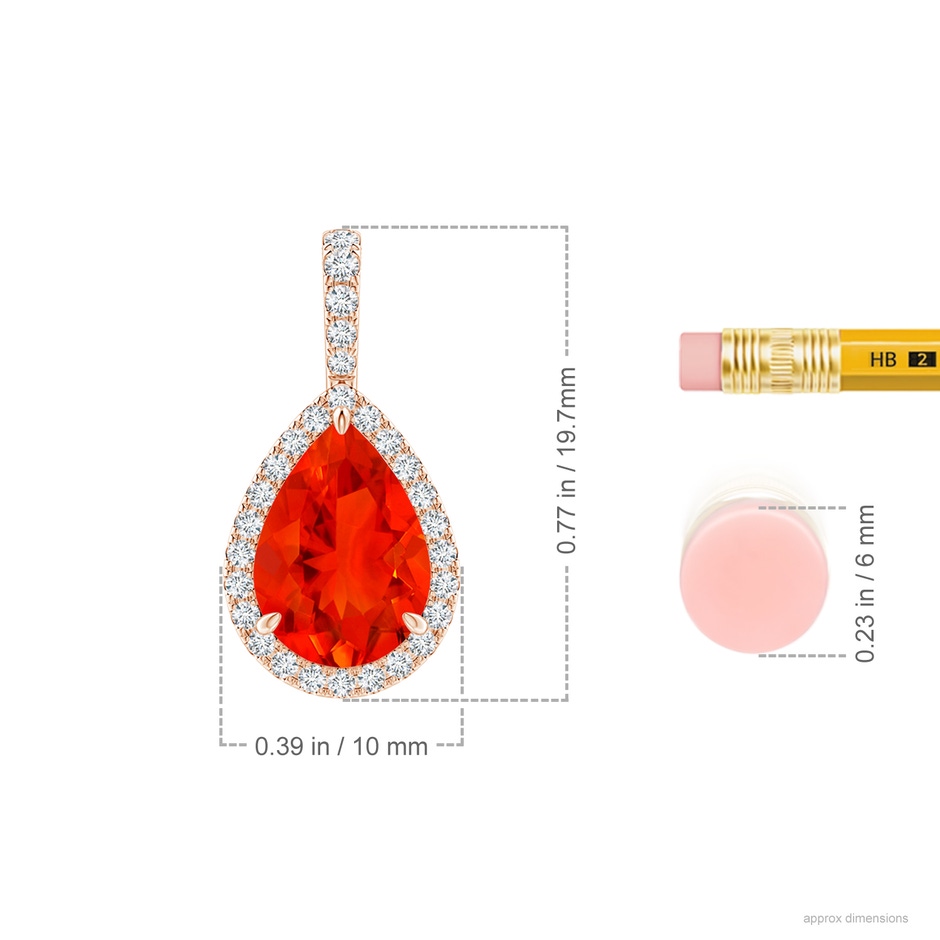 10x7mm AAAA Fire Opal Teardrop Pendant with Diamond Halo in Rose Gold ruler