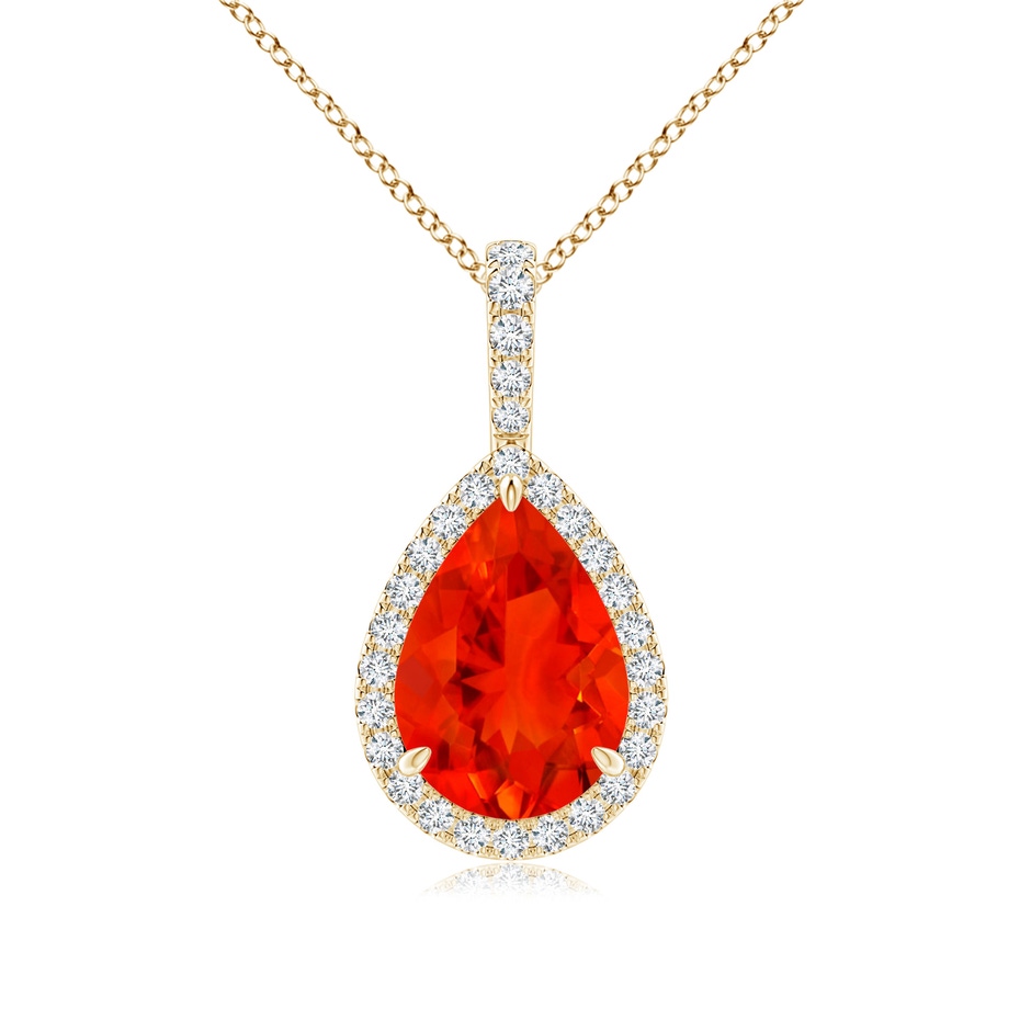 10x7mm AAAA Fire Opal Teardrop Pendant with Diamond Halo in Yellow Gold 