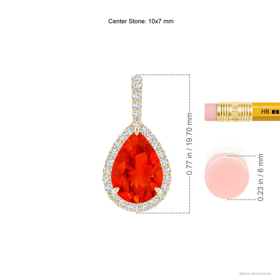 10x7mm AAAA Fire Opal Teardrop Pendant with Diamond Halo in Yellow Gold ruler