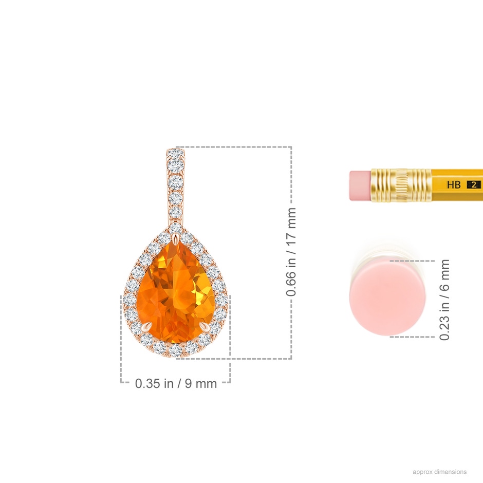8x6mm AA Fire Opal Teardrop Pendant with Diamond Halo in Rose Gold ruler