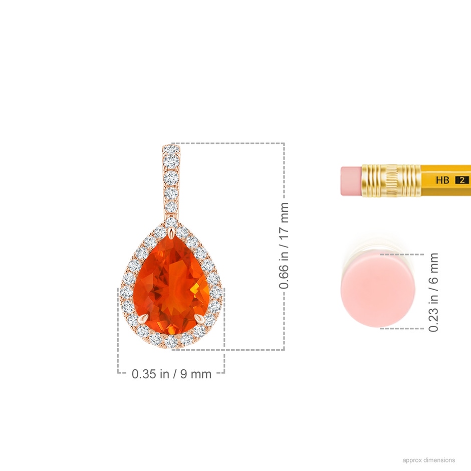 8x6mm AAA Fire Opal Teardrop Pendant with Diamond Halo in Rose Gold ruler