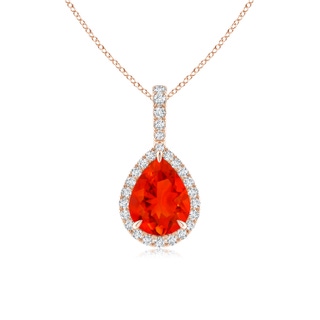 8x6mm AAAA Fire Opal Teardrop Pendant with Diamond Halo in 10K Rose Gold