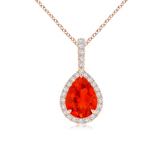 8x6mm AAAA Fire Opal Teardrop Pendant with Diamond Halo in Rose Gold