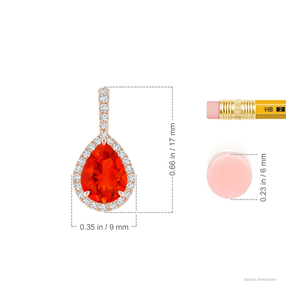 8x6mm AAAA Fire Opal Teardrop Pendant with Diamond Halo in Rose Gold ruler